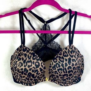 Victoria Secret Bombshell Halter Style Leopard/Lace Front Closure Bra